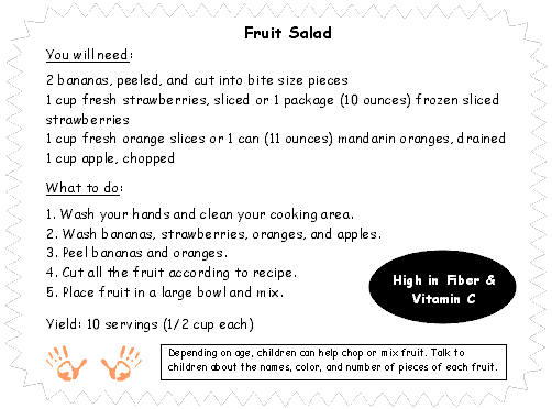 Sample recipe card, showing a well-specified recipe with suggestions for children's involvement and an attention-getting note about nuitritional benefits.