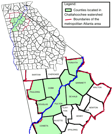Map of Georgia showing the Atlanta metropolitan area counties located in the Chattahoochee River watershed.