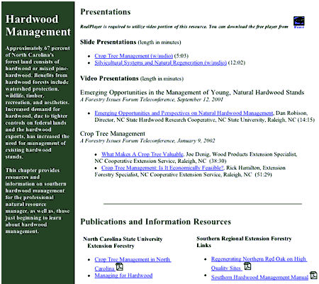 A simple page layout with a sidebar describing the section and sections for slide presentations, video presentations, and related publications.