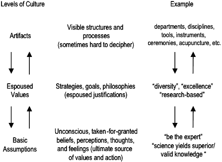 a diagram showing the interplay between Levels of Culture -- visible artifacts, philosophies and values, and unconscious assumptions.