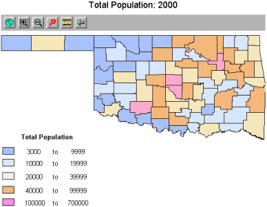 A map of Oklahoma showing counties color-coded by population.