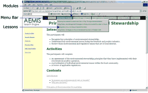 The navigation syste of the AEMIS search engine allows the user to see all the root modules of information on the top menu bar.
