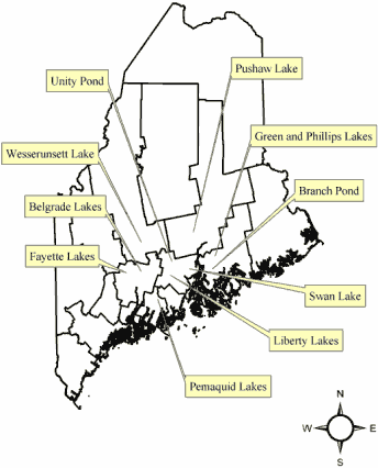 A map of Maine with locations of the watershed stewards program marked