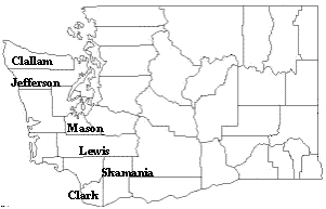 Locations of Clark, Clallam, Jefferson, Lewis, Mason, Skamania Counties in Washington State.