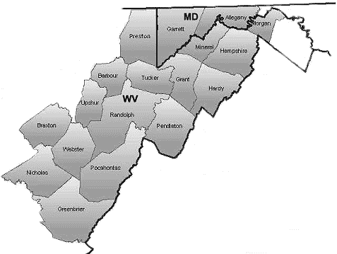 Map showing location of the Appalachian Forest Heritage Area, including counties in West Virginia and Maryland.