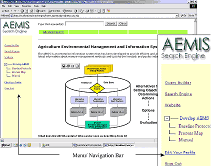 The navigation bar of the AEMIS website