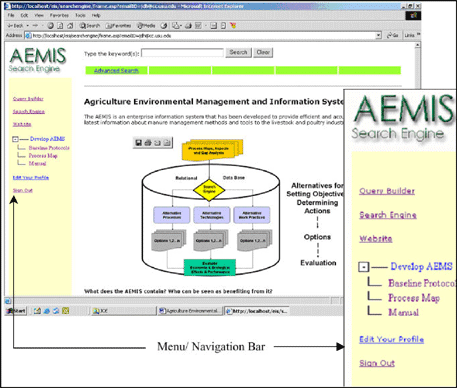 AEMIS website user interface with a pullout of menu/navigation bar.