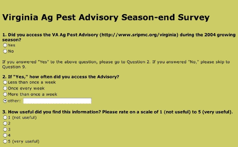 A screenshot of the Virginia Ag Pest Advisory Season-end online survey