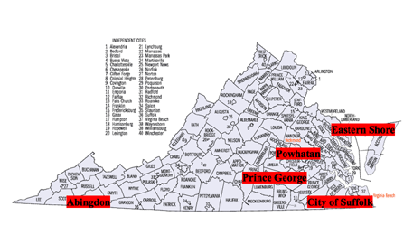 Map of Virginia with the location of community forums