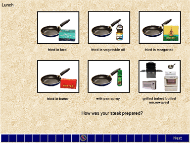 Screen of pictures for selecting a cooking method such as fried in lard or grilled.