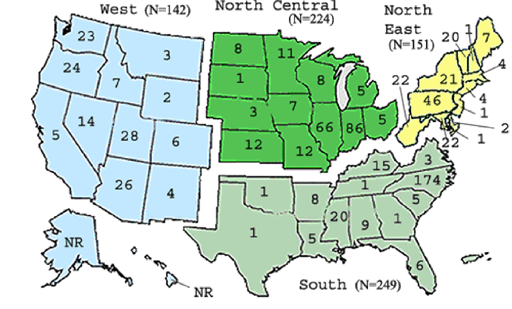 Number of Survey Respondents by
Extension Region and by State
