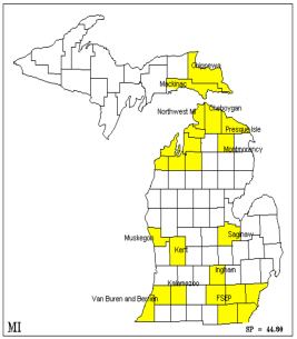 Map of Community Food Teams: Cheboygan, Chippewa, Food System Economic Partnership (FSEP), Ingham, Kalamazoo, Kent, Mackinac, Montmorency, Muskegon, Northwest Michigan, Presque Isle, Saginaw, Van Buren-Berrien