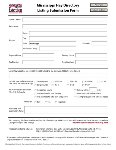 Mississippi Hay Directory Listing Submission Form