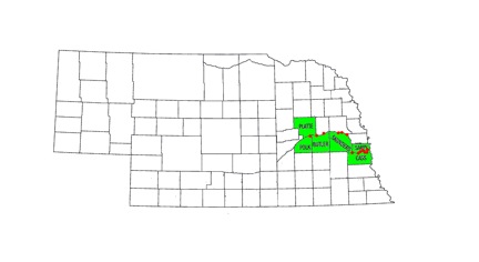 Location of Surveys Distributed
to Residents of Sandpit Lake Communities in Eastern
Nebraska. Dots Indicate Communities with Survey Respondents