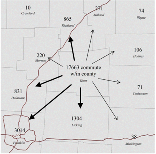 Knox County Out-Commuting Pattern, Number of Residents Commuting to Each County for Employment