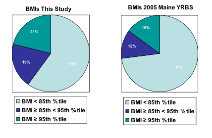 A Comparison of Proportion of Participants in BMI Categories Calculated from Reported Heights and Weights in the Study with Those Reported in the 2005 Maine Risk Behavior Survey