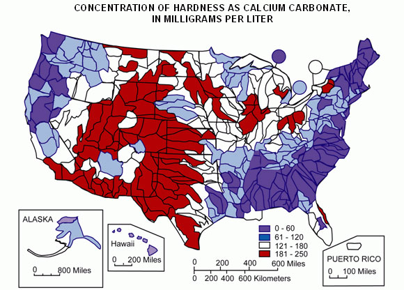 Map of Water Hardness Found in
the United States (USGS, 2009)