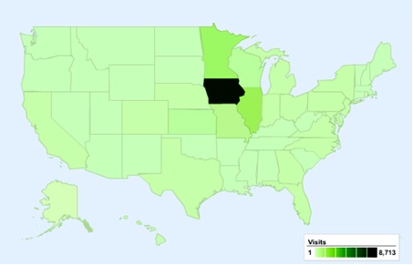 Geographic Distribution of
Visitors to the iaTURF Blog Between 24 June 2009 and 19 Sept 2010. A
Total of 16,695 Visits from 50 States and the District of Columbia
Were Recorded During This Period.