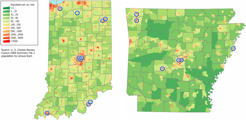 Population Map
Showing Basic Training Seminar Locations in Indiana and Arkansas
(2006-2009)