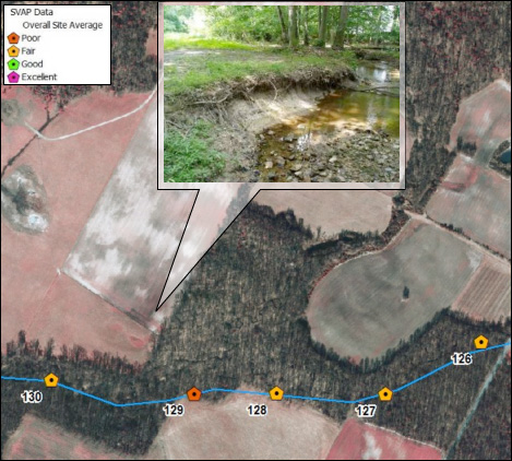 SVAP Data Points Depicted Over
an Aerial Image and a Single Site Exhibiting Poor Bank Stability and
Riparian Health