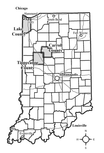 Map of Indiana with Three
Studied Counties Highlighted