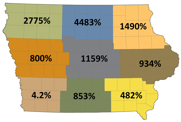 Regional Percent Increase of Soybean Acres Exposed to Foliar Insecticides in Iowa from 2000 to 2009