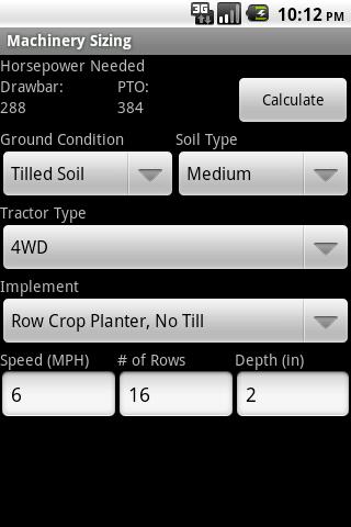 Screenshot of the "Machinery Sizing" App