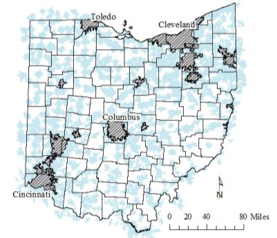 10-Minute Drive (in light blue) to Ohio Retail Grocery Stores