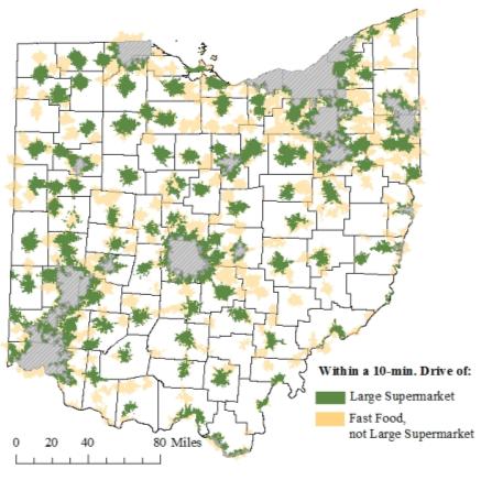 Rural Ohio Areas with Fast Food Access and not Large Supermarket Access (in beige)