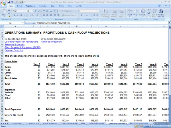 Operations Summary sheet for the Small Meat Plant Template