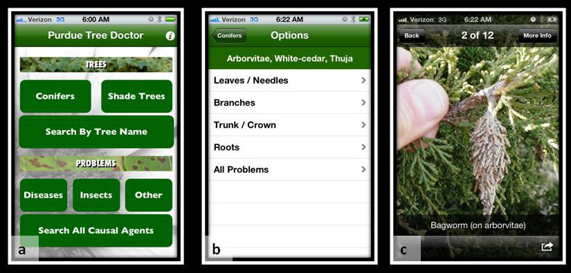 1a. Users Can Approach Their Problem by Host Identification, Problem Identification, or Searching the Database. 1b. The Host-Based Approach Breaks Down Tree Problems by Location on the Affected Plant. 1c. Users Then Scroll Through the Listed Problems, from Most to Least Frequently Observed.