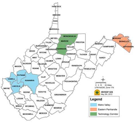 Map of Counties Within the Three Priority Zones: 1. Metro Valley; 2. Technology Corridor; and 3. Eastern Panhandle.
