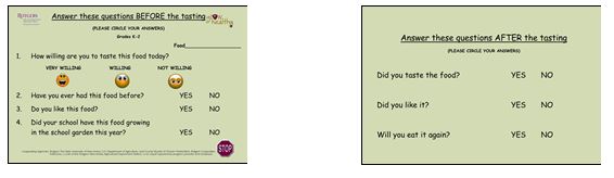 <p>Example of Front (on left) and Back (on right) of K-2 Tasting Cards for Grow Healthy Taste-Testing Activities</p>