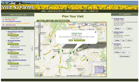 Screen Capture of the Visit NJ Farms Travel Itinerary Builder