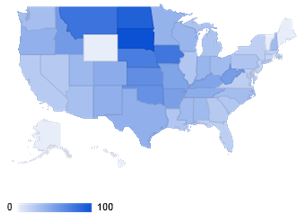 Google Trends YouTube Search Interest by State for Cattle as a Search Term, 2008 to 20131