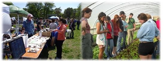 Examples of Climate Masters activities: Volunteer Outreach at Earth Day 2012 (left) and Climate Masters Touring Robinette Farms, a Local Farm Outside of Lincoln, NE. (right)