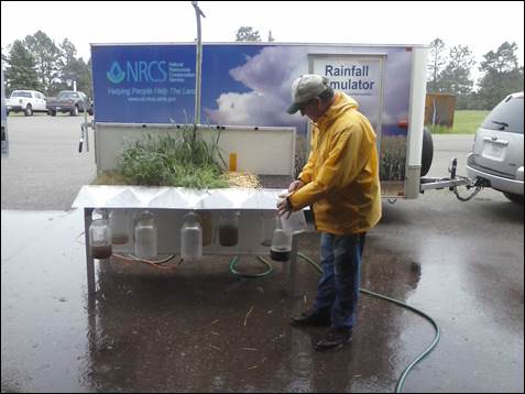 A member of the NRCS working the rainfall simulator.