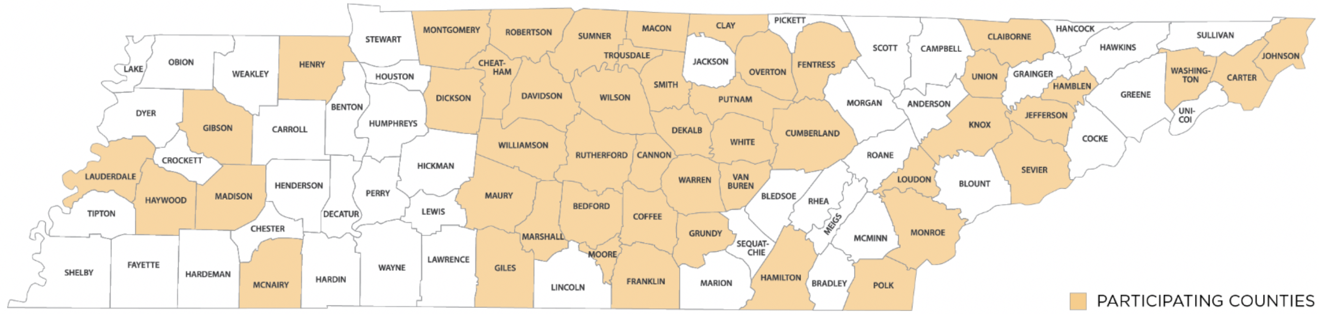 Map of participating counties in Tennessee
